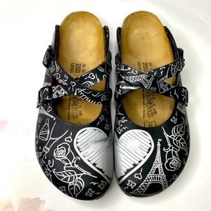 Birkenstock Birki's Dorian Clog Paris Heart Design Sandals Black Shoes Sz 39
